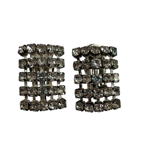 Vintage Silver Tone Rhinestones Sparkle Clip On Earrings Rectangle Shape - Picture 1 of 4